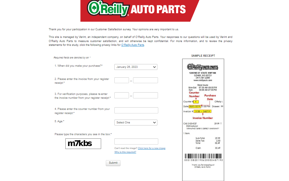 O'Reilly Auto Parts Customer Satisfaction Survey
